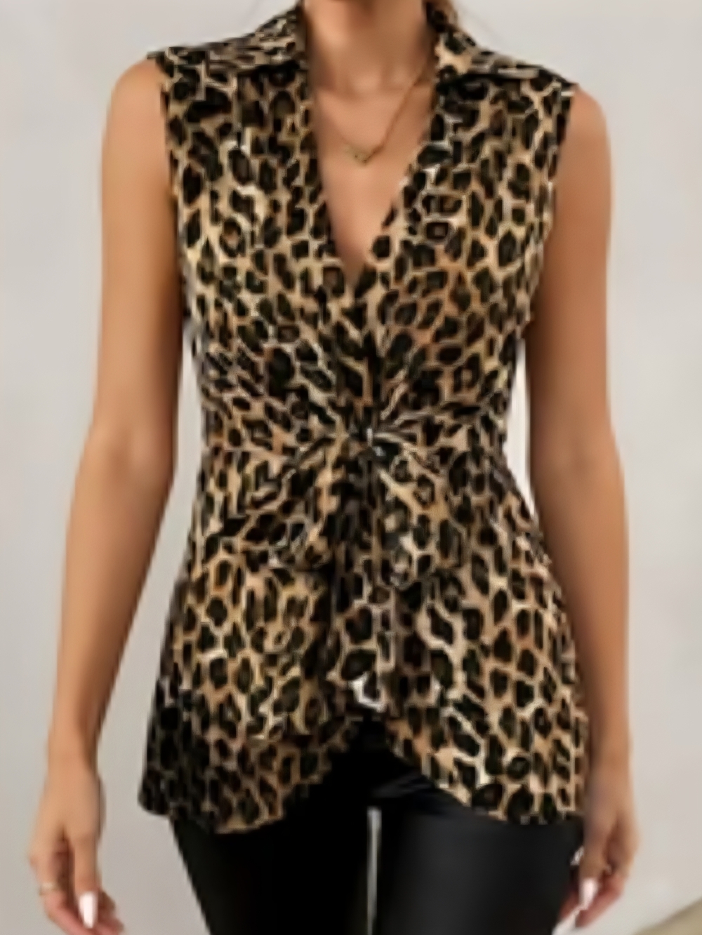 Leopard Print Sleeveless Twist-Front Top - Brown